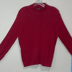 Red Ribbed Cotton Sweater By JEANNE PIERRE. Size Large.